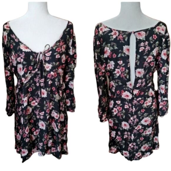 AMERICAN EAGLE dress black floral open back 3/4 sleeve ruffle viscose M - Picture 1 of 8
